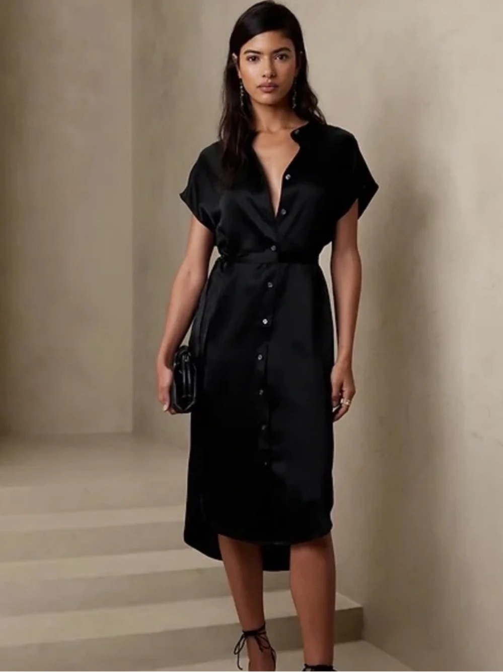 Banana Republic 100% Silk Serenade Shirtdress Small Black Button Front Belted